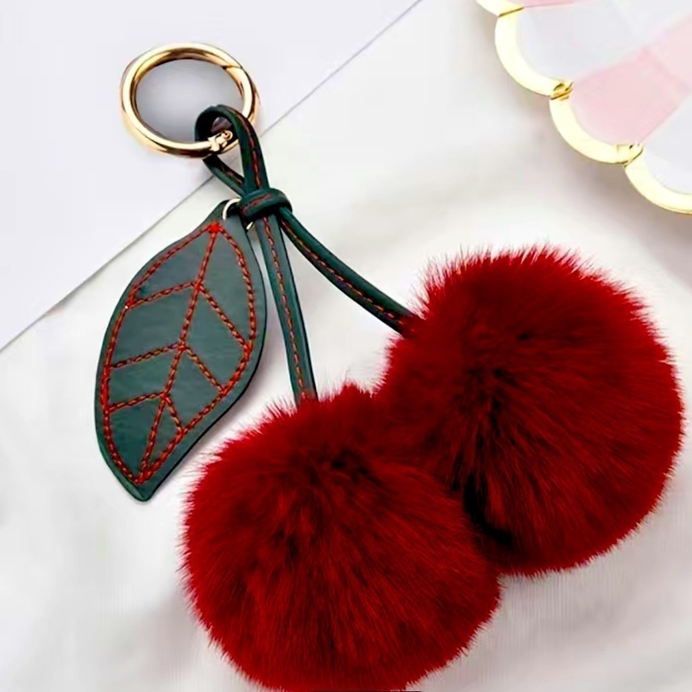 Adorable Fluffy Cherry Keychain DARK RED​​​​​​​​